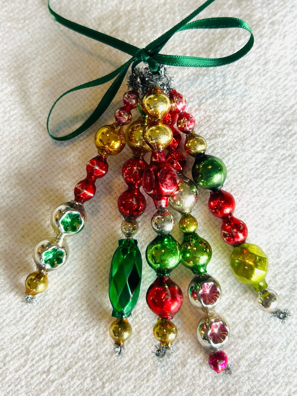 Mini Vintage Repurposed  holiday Christmas ornaments, mercury Glass bead icicle